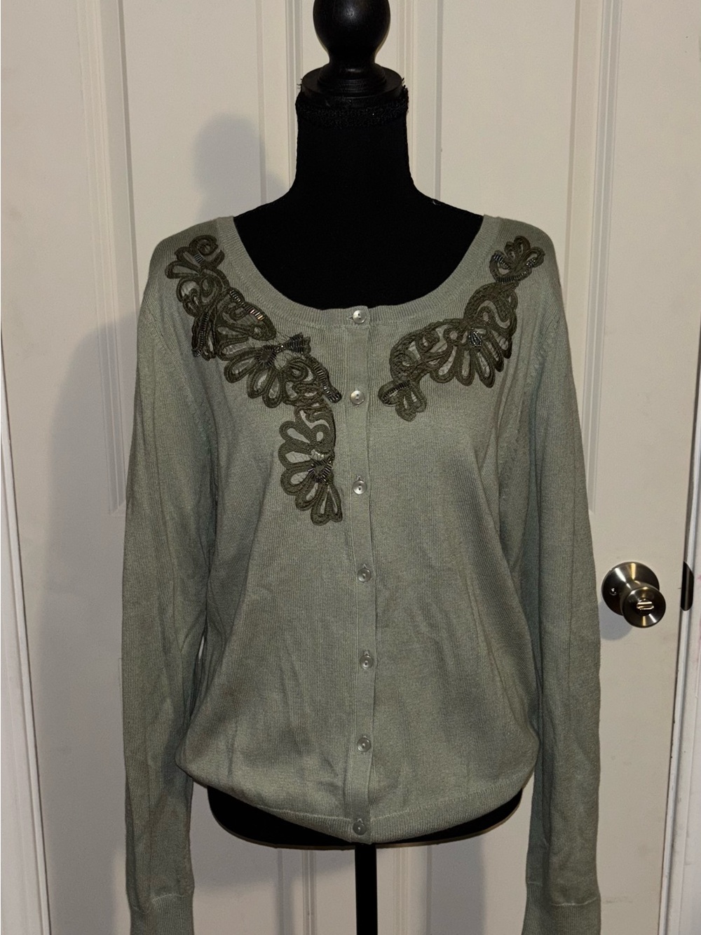 Caslon Sage Green Embroidered Button Cardigan